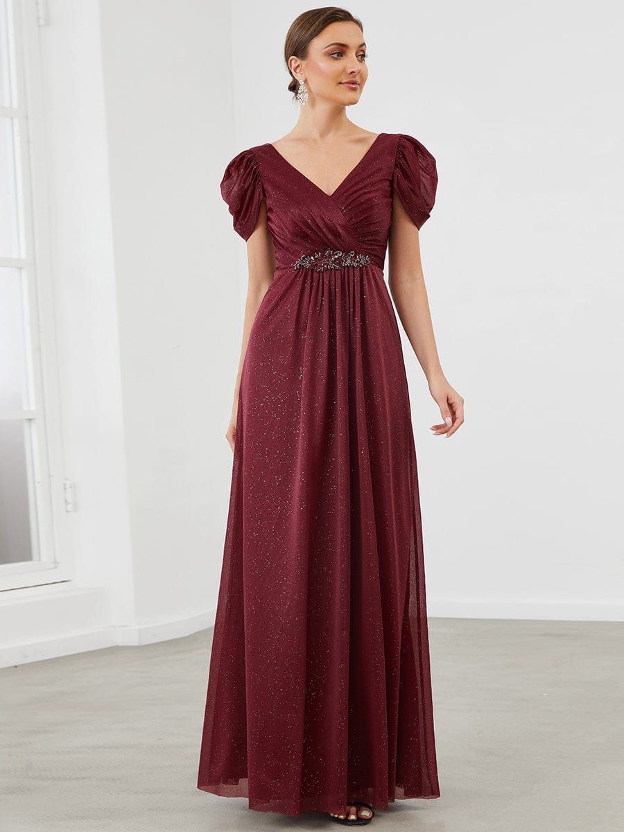 Ruched Short Sleeve Iridescent Applique Mother Of The Bride Dress #color_Mist Ruched Short Sleeve Iridescent Applique Mother of the Bride Dress