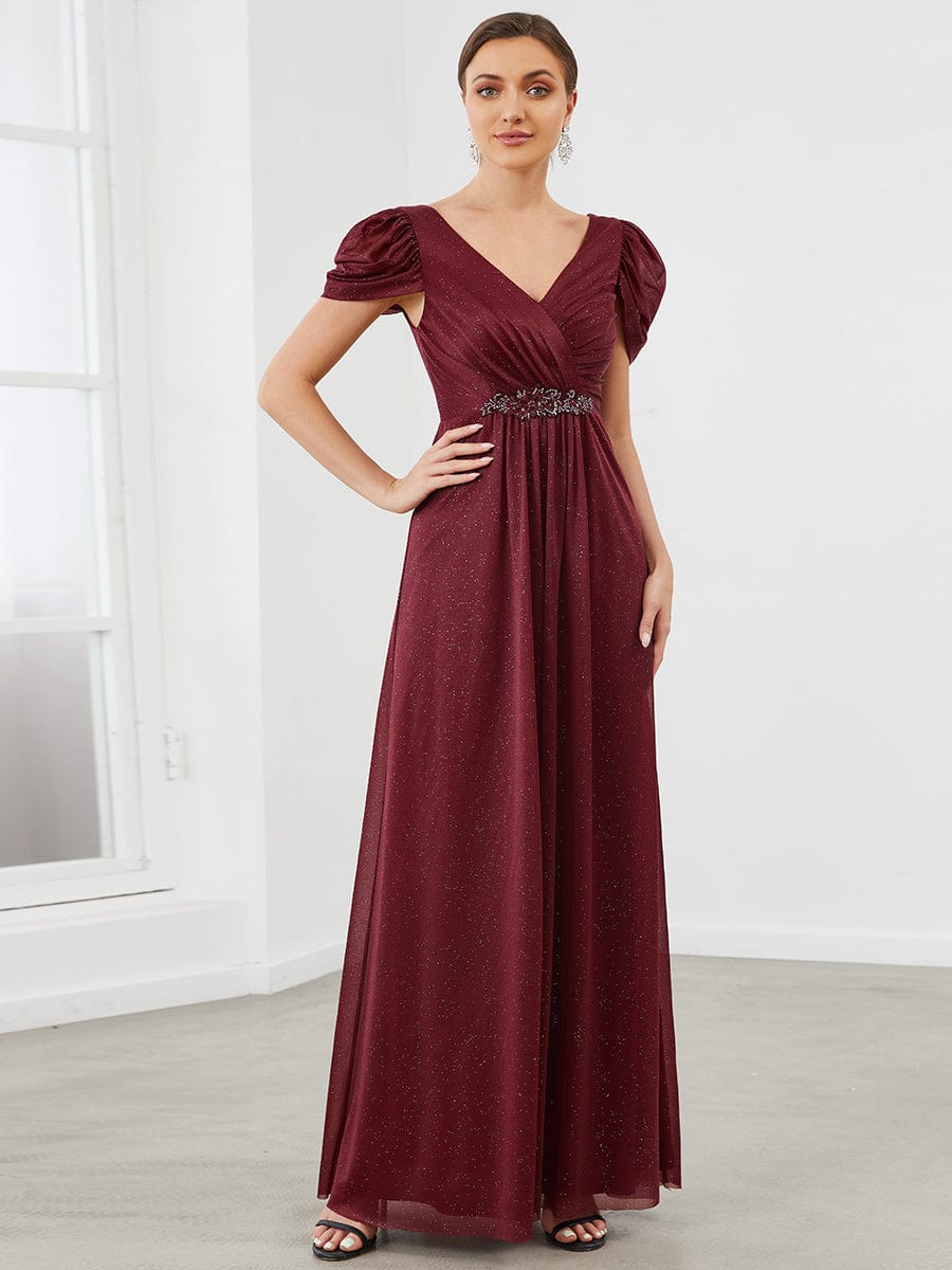 Ruched Short Sleeve Iridescent Applique Mother Of The Bride Dress #color_Mist Ruched Short Sleeve Iridescent Applique Mother of the Bride Dress