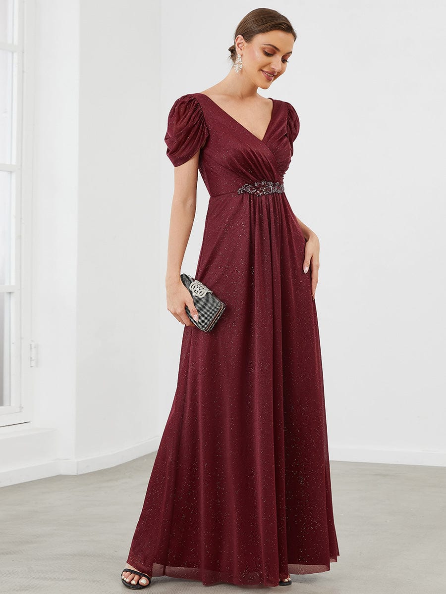 Ruched Short Sleeve Iridescent Applique Mother Of The Bride Dress #color_Mist Ruched Short Sleeve Iridescent Applique Mother of the Bride Dress