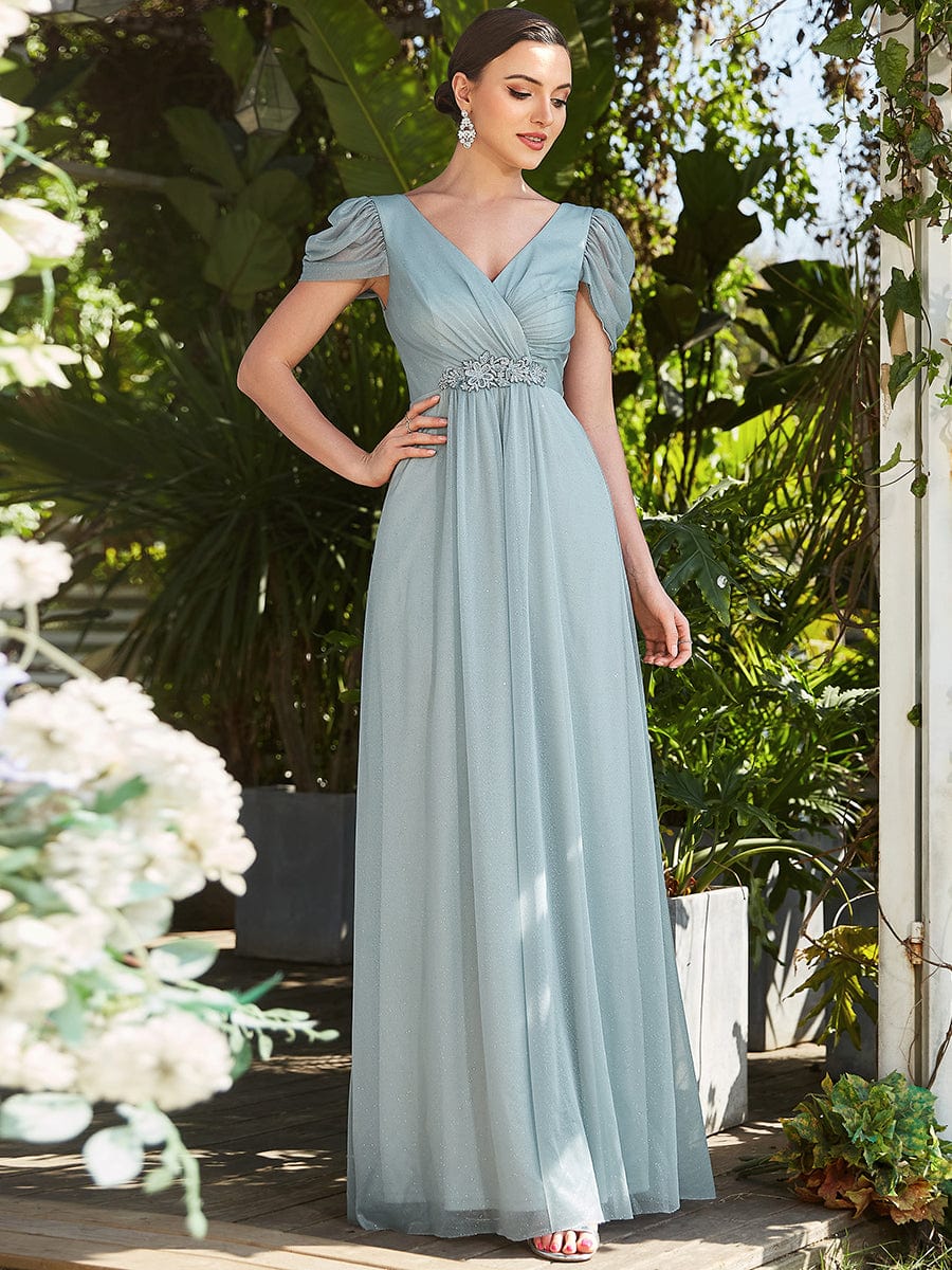 Ruched Short Sleeve Iridescent Applique Mother Of The Bride Dress #color_Mist Ruched Short Sleeve Iridescent Applique Mother of the Bride Dress