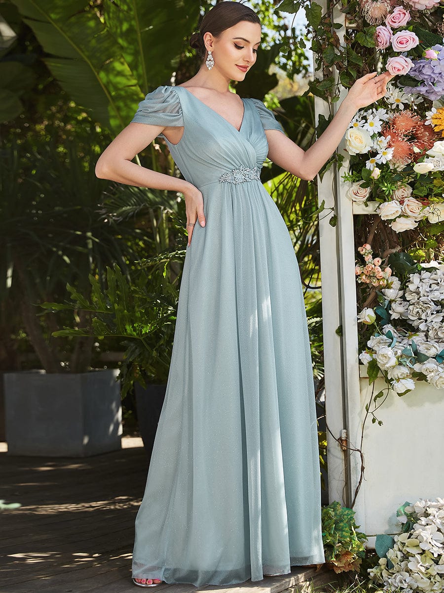 Ruched Short Sleeve Iridescent Applique Mother Of The Bride Dress #color_Mist Ruched Short Sleeve Iridescent Applique Mother of the Bride Dress