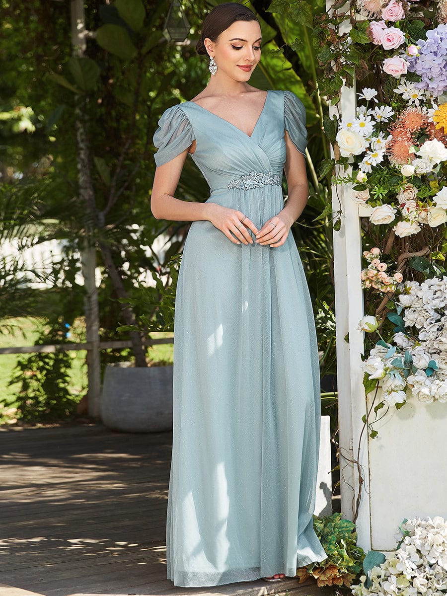 Ruched Short Sleeve Iridescent Applique Mother Of The Bride Dress #color_Mist Ruched Short Sleeve Iridescent Applique Mother of the Bride Dress