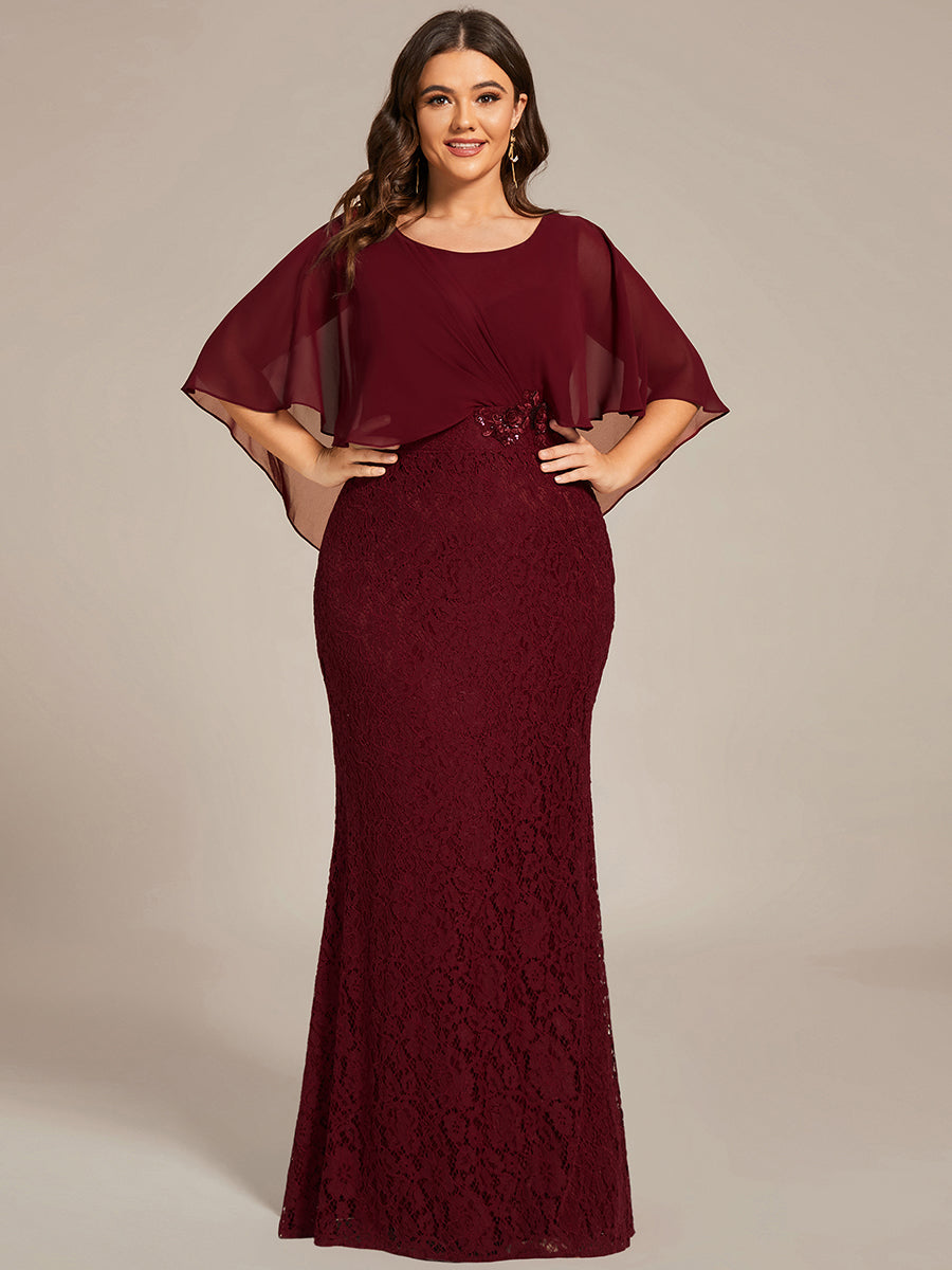 Custom Size Floral Embroidered Lace Sheath Gown With Chiffon capelet #color_Burgundy