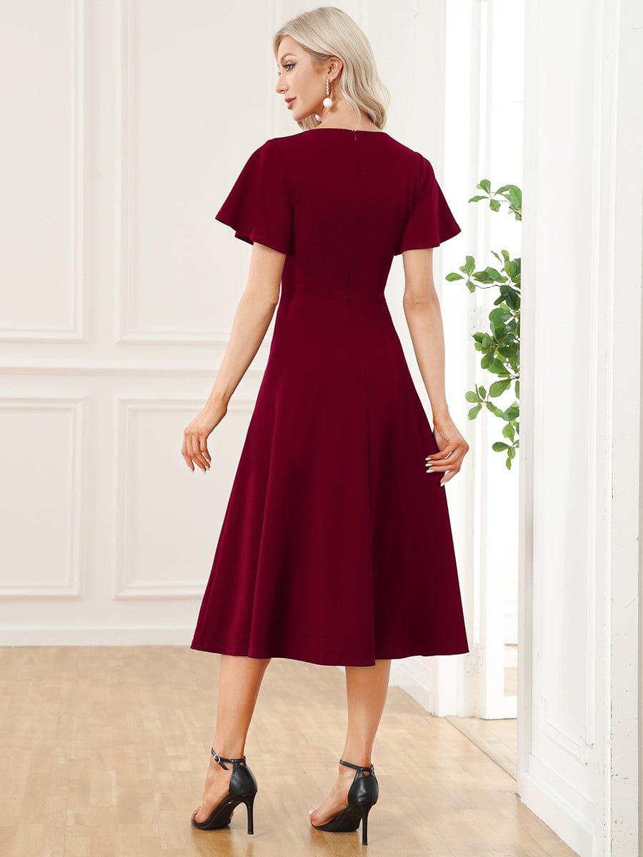 Short Flutter Sleeve V-Neck Mother of the Bride Midi Dress #Color_Burgundy