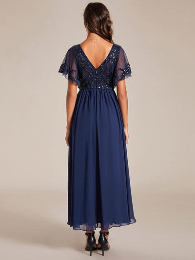 Short Sleeve V-Neck Sequin Chiffon A-Line Mother of the Bride Dress #Color_Navy Blue