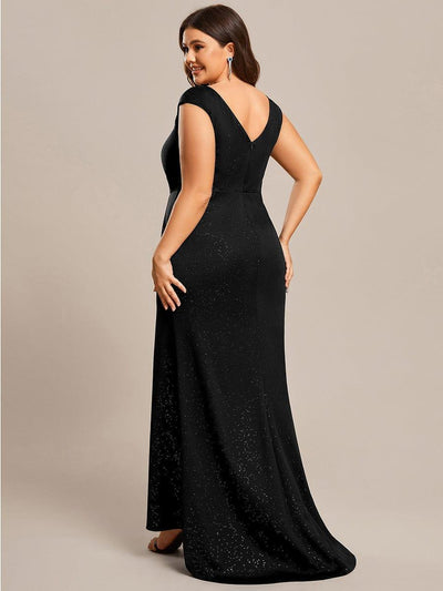 Elegant V-neck Mermaid Wedding Mother Dress with Front Slit #Color_Black