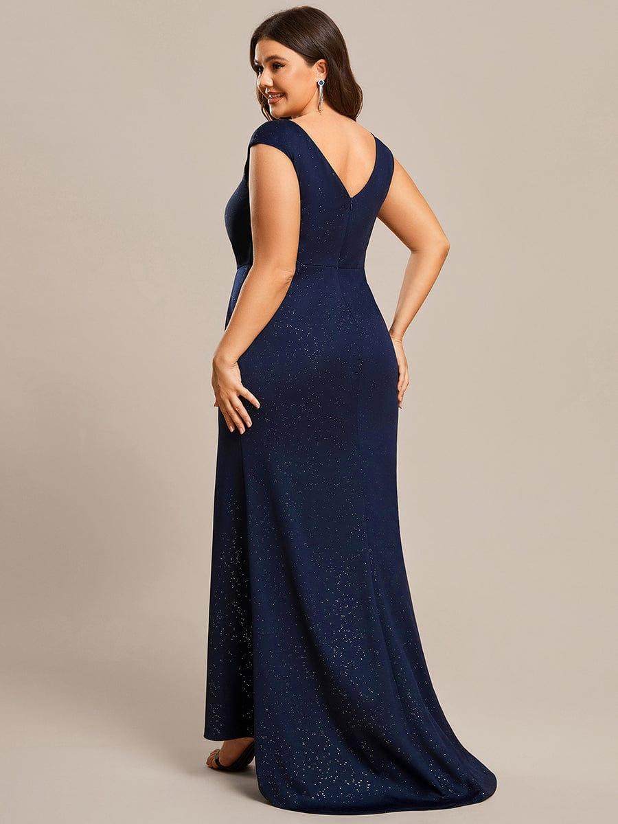 Elegant V-neck Mermaid Wedding Mother Dress with Front Slit #Color_Navy Blue