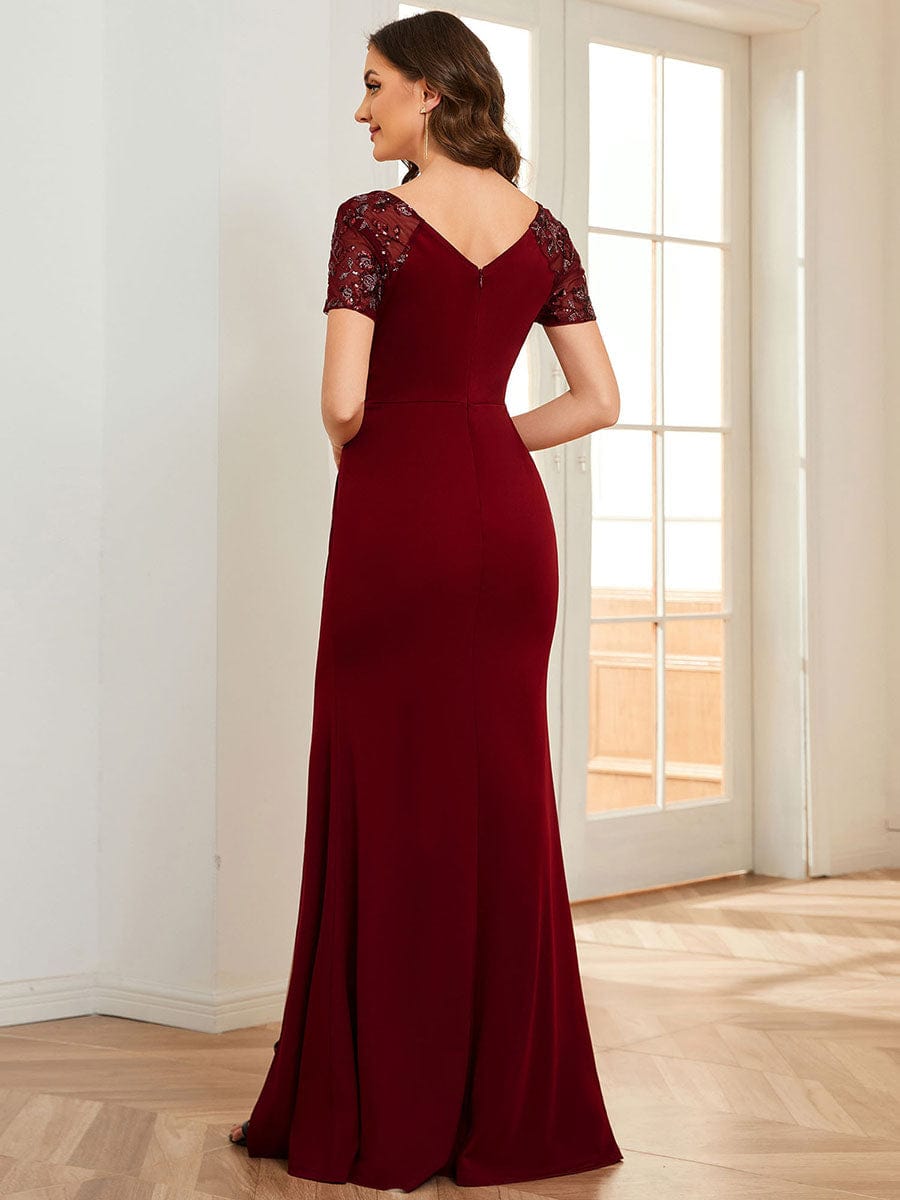Short Sequin Sleeve V-Neck Front Slit Mother of the Bride Dress #Color_Burgundy