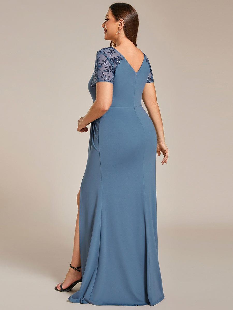 Short Sequin Sleeve V-Neck Front Slit Mother of the Bride Dress #color_Dusty Blue