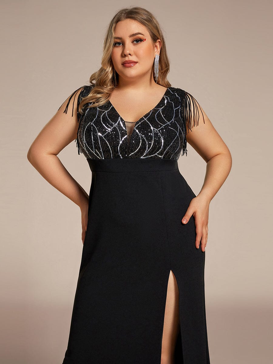 Plus Size V-Neck Front Slit Sleeveless with Tassel Mother of the Bride Dress #color_Black Plus Size V-Neck Front Slit Sleeveless with Tassel Mother of the Bride Dress