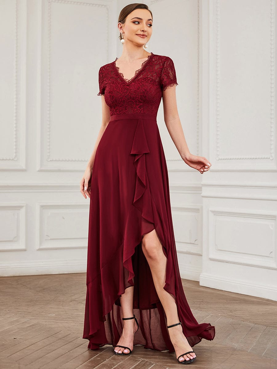 Lace Short Sleeve Chiffon Ruffle Mother of the Bride Dress #color_Burgundy Lace Short Sleeve Chiffon Ruffle Mother of the Bride Dress