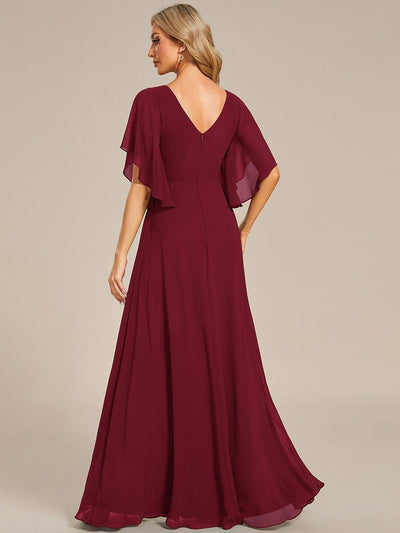 Chiffon Ruffle Sleeve Mother of the Bride Dress with Waist Applique #color_Burgundy