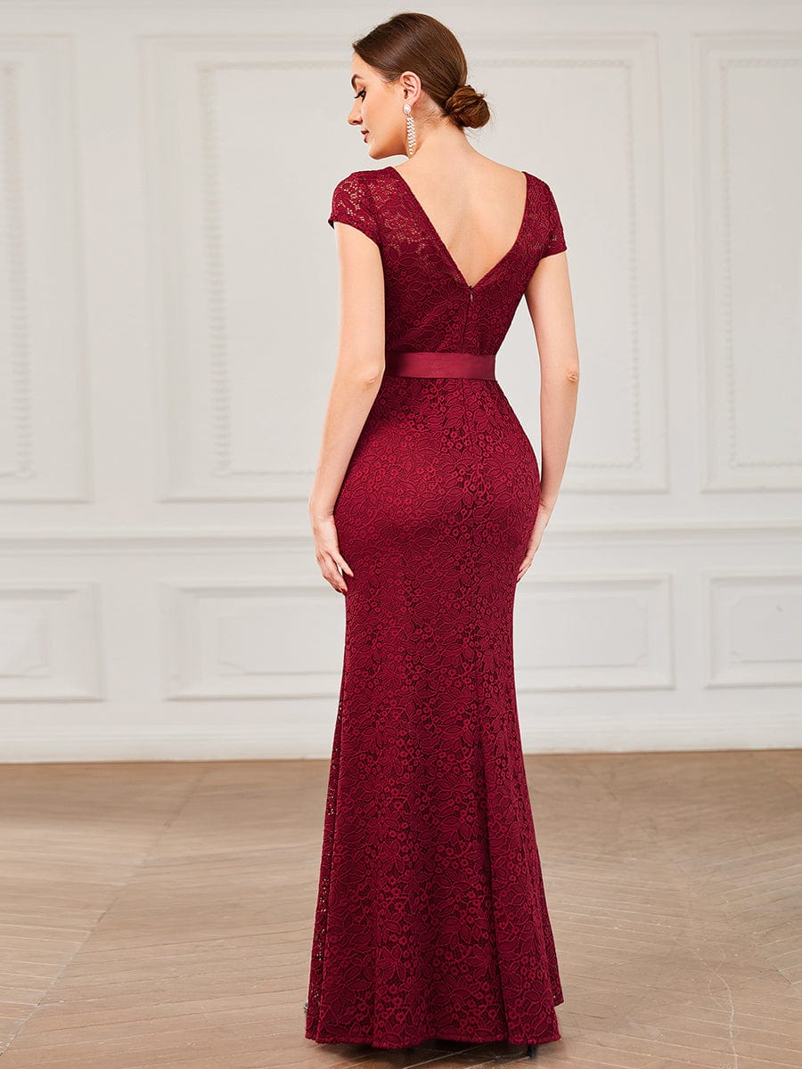 Lace Backless Ribbon Waist Bodycon Mother of the Bride Dress #Color_Burgundy Lace Backless Ribbon Waist Bodycon Mother of the Bride Dress