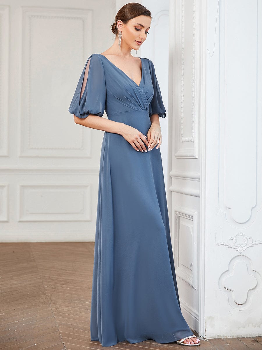Chiffon Split Sleeve V-Neck Pleated Mother of the Bride Dress #Color_Dusty Navy Chiffon Split Sleeve V-Neck Pleated Mother of the Bride Dress