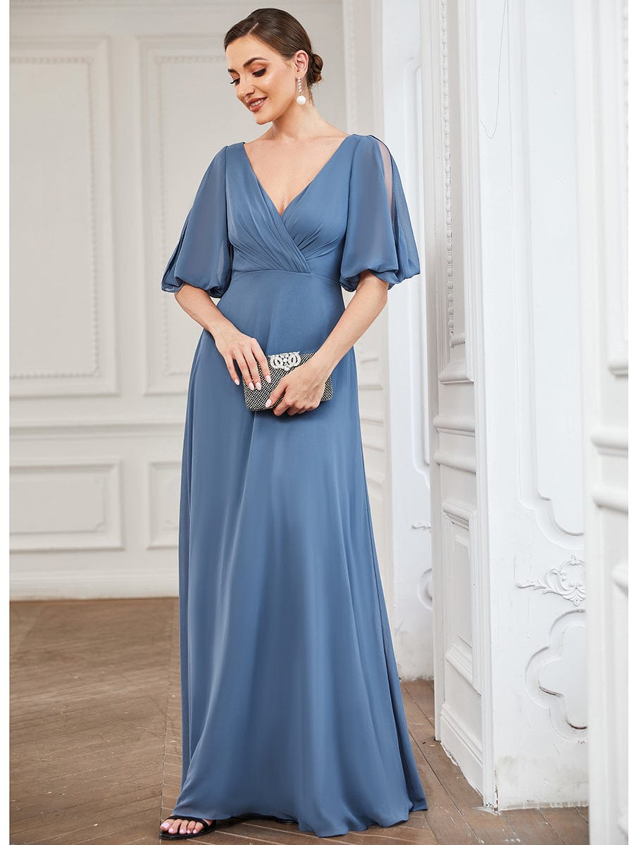 Chiffon Split Sleeve V-Neck Pleated Mother of the Bride Dress #Color_Dusty Navy Chiffon Split Sleeve V-Neck Pleated Mother of the Bride Dress