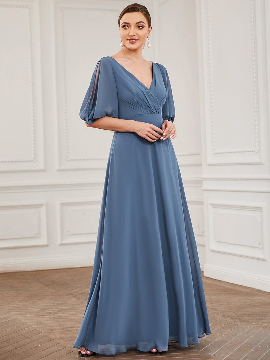 Chiffon Split Sleeve V-Neck Pleated Mother of the Bride Dress #Color_Dusty Navy Chiffon Split Sleeve V-Neck Pleated Mother of the Bride Dress