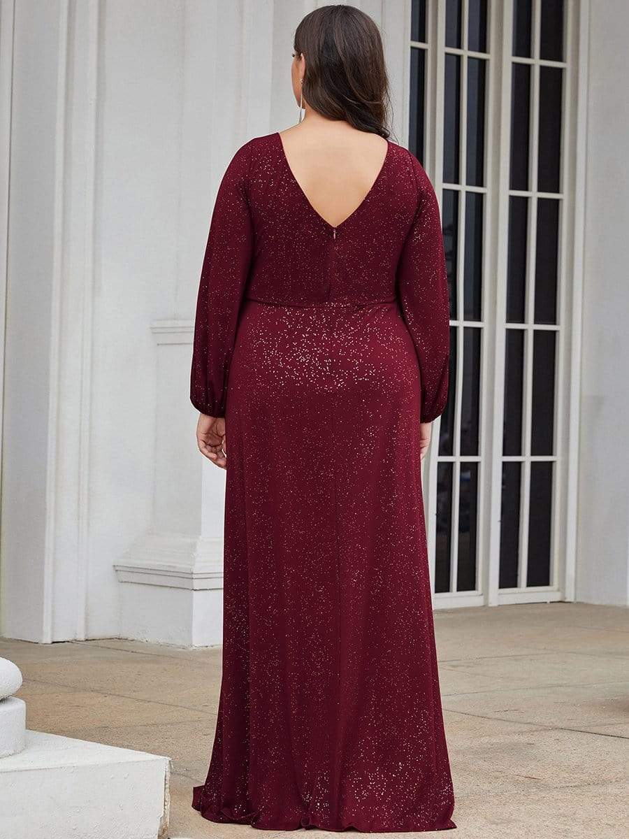 Split Sequin V Neck Maxi Mother Of the Bride dresses #color_Burgundy