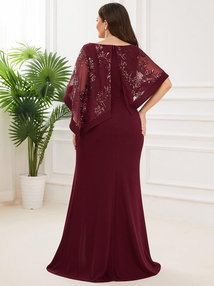 Plus Size Asymmetrical Cape Sequin Mother Of The Bride Dress #color_Burgundy