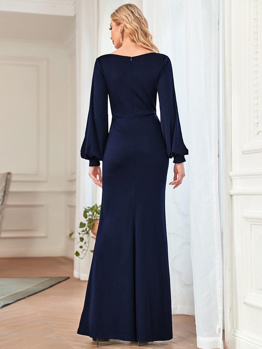 Cowl Neck Fit and Flare Wedding Guest Dress with Long Sleeves #color_Navy Blue