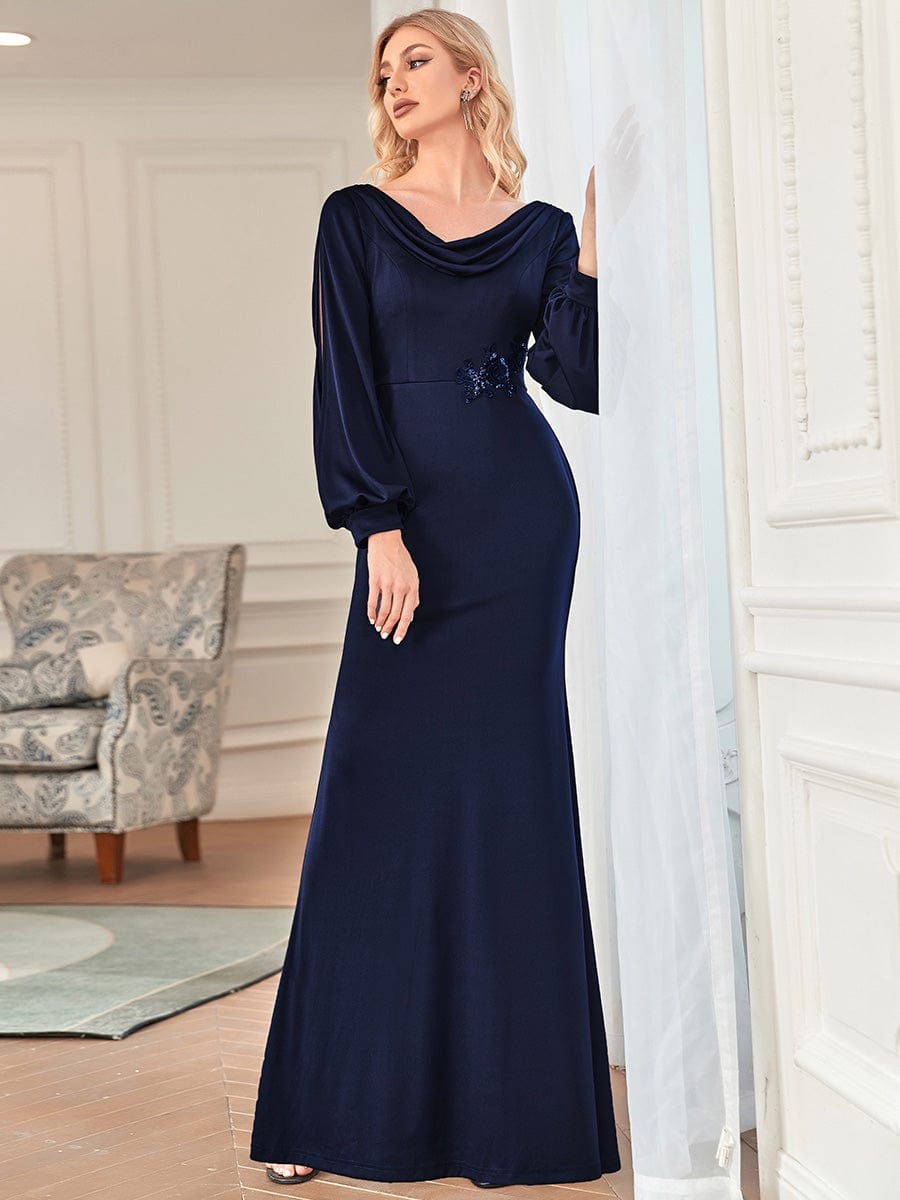 Cowl Neck Fit and Flare Wedding Guest Dress with Long Sleeves #color_Navy Blue