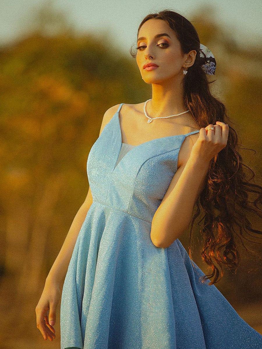 Fancy Shiny Deep V Neck Above Knee Length Prom Dress #color_Light Teal