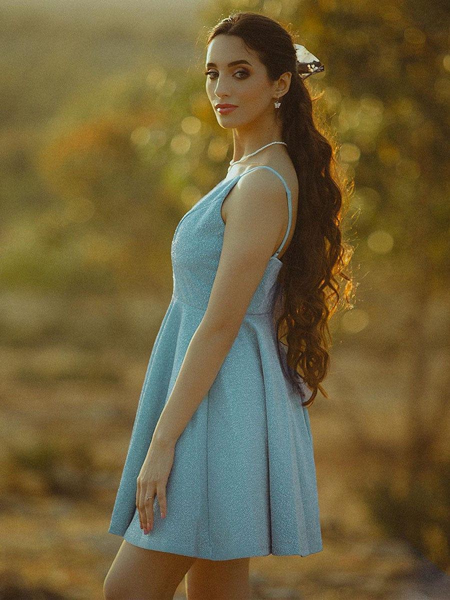 Fancy Shiny Deep V Neck Above Knee Length Prom Dress #color_Light Teal