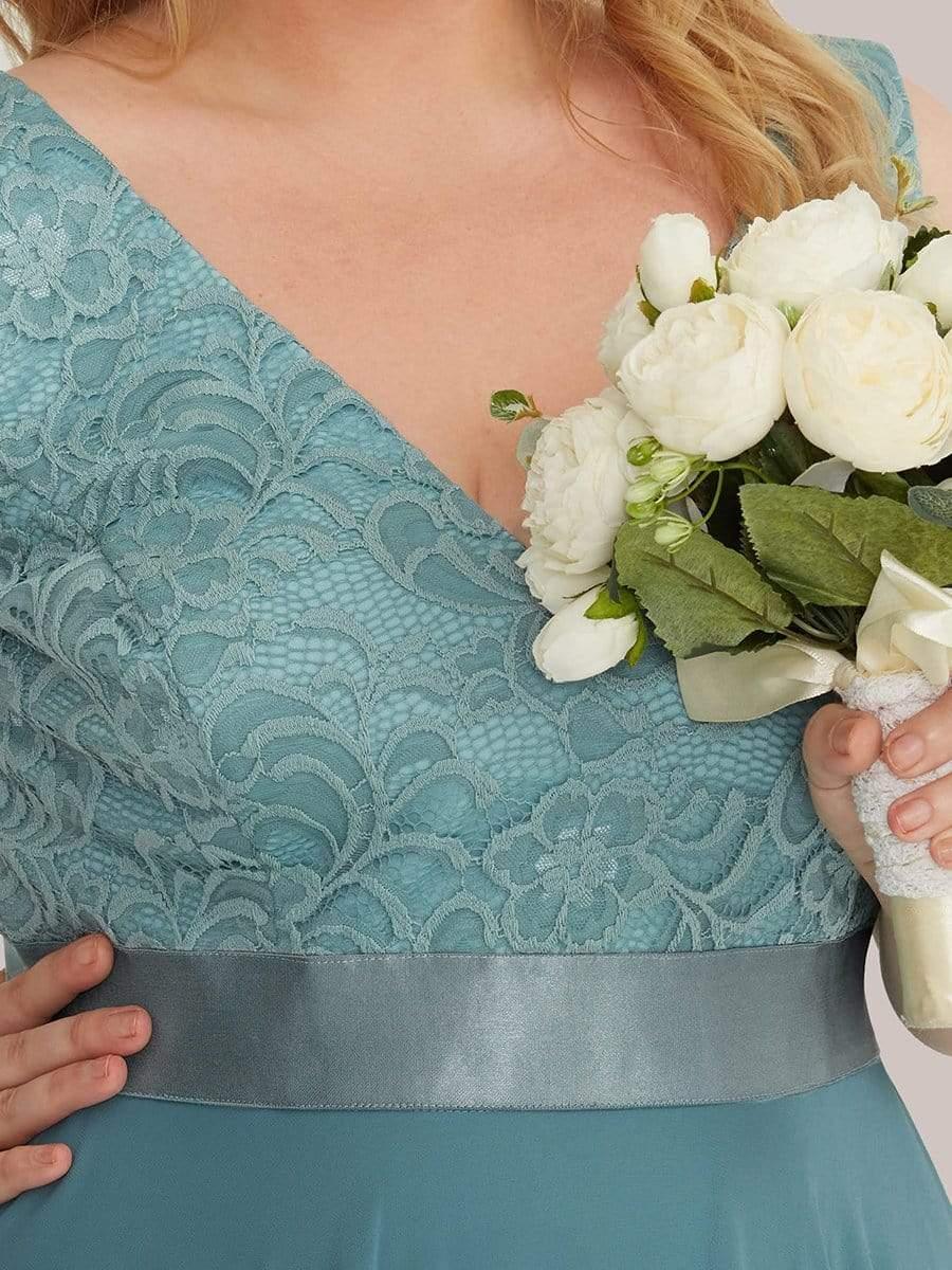 Plus Size Stunning V Neck Lace & Chiffon Prom Dress for Women #color_Light Teal