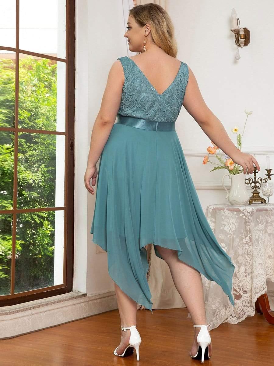 Plus Size Stunning V Neck Lace & Chiffon Prom Dress for Women #color_Light Teal