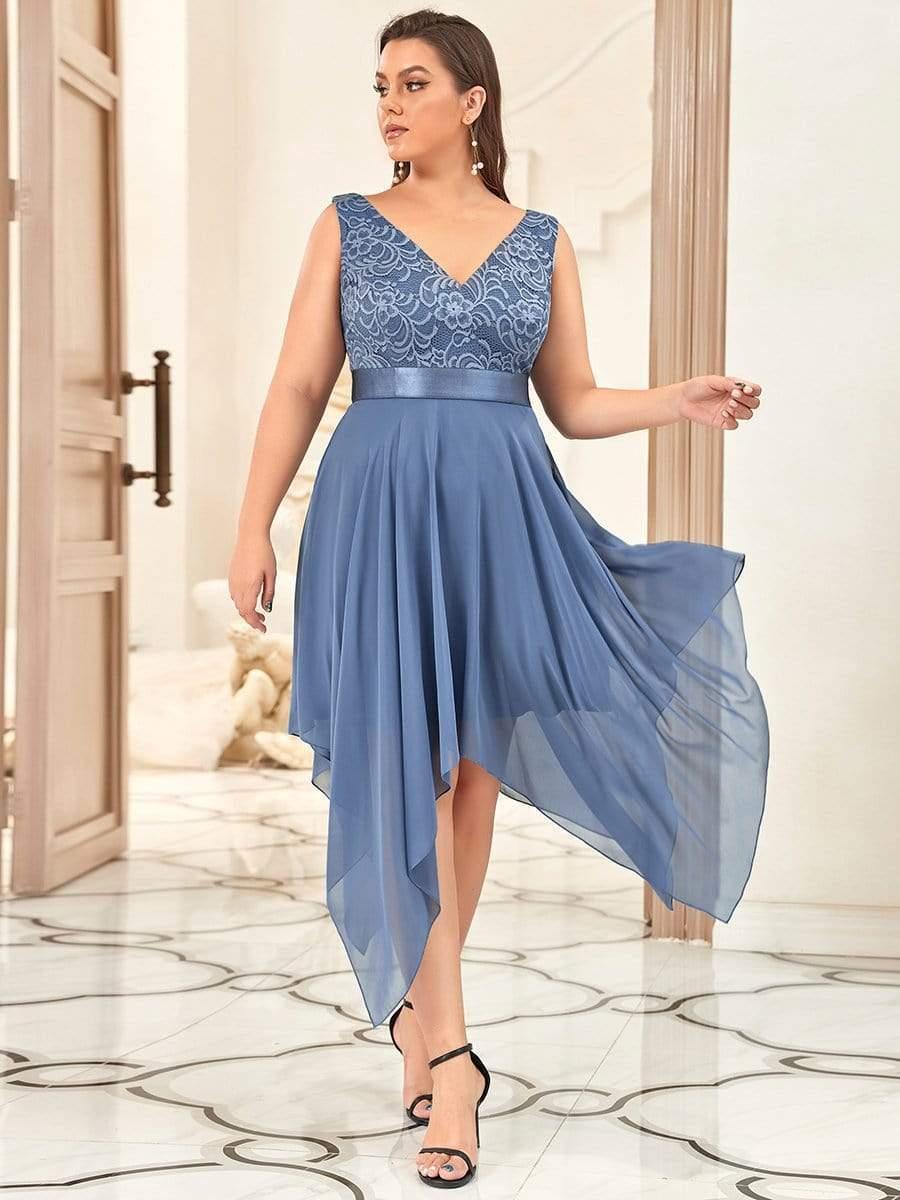 Plus Size Stunning V Neck Lace & Chiffon Prom Dress for Women #color_Dusty Blue