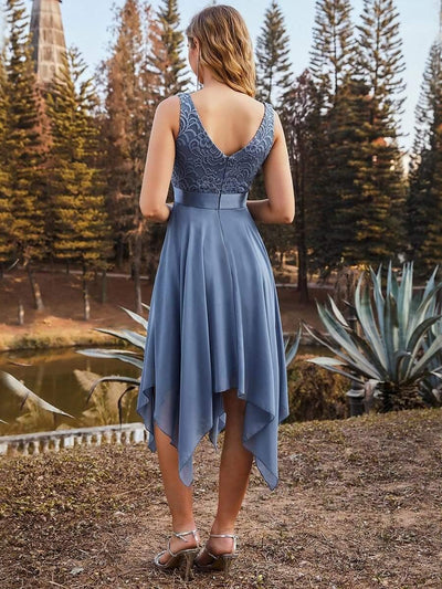 Stunning V Neck Lace & Chiffon Prom Dress for Women #color_Dusty Blue