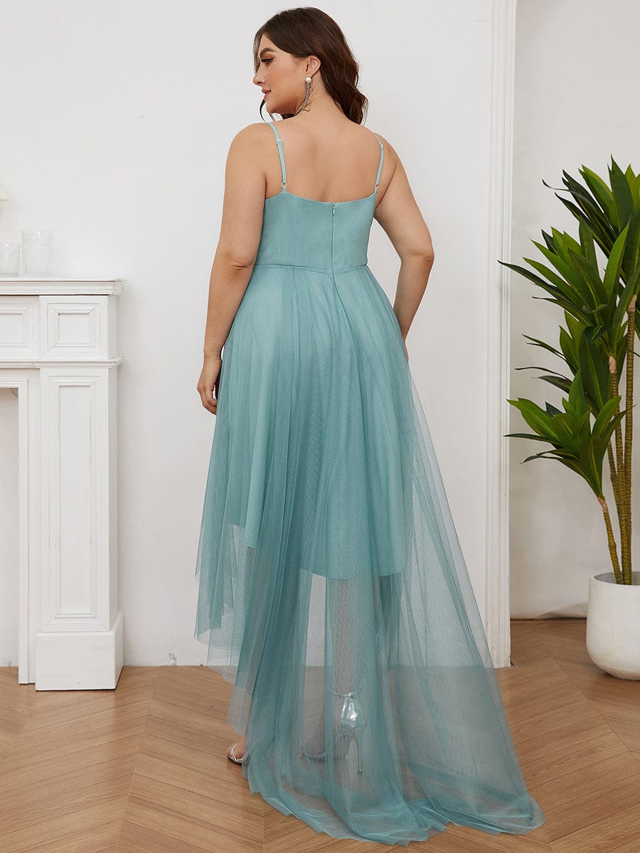 Plus Size Stylish High-Low Tulle Prom Dress with Beaded Belt #color_Dusty Blue