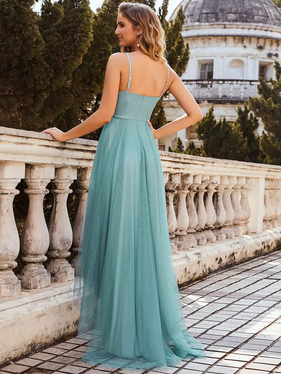 Stylish High-Low Tulle Prom Dress with Beaded Belt #color_Dusty Blue