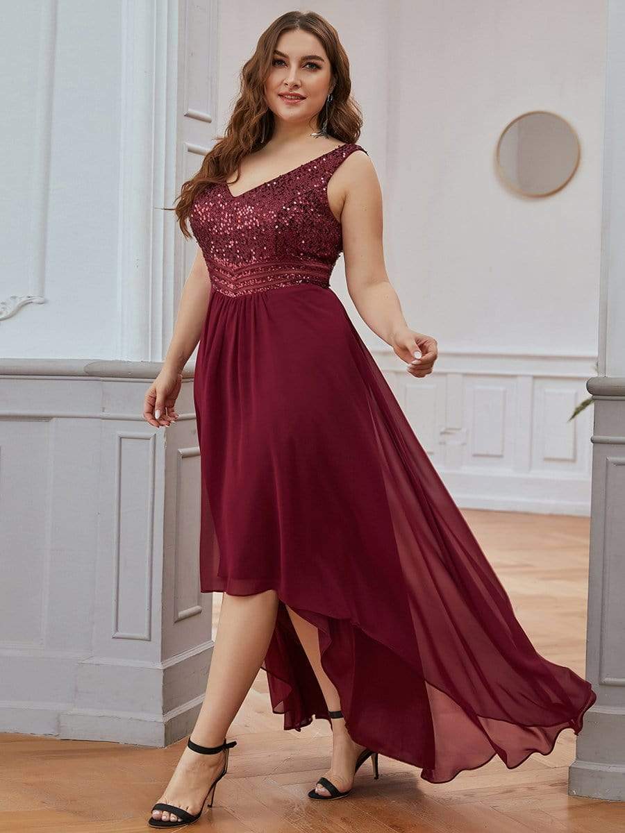 Sexy High-Low Maxi Chiffon Evening Dresses with Sequin #color_Burgundy
