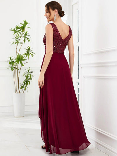 Sexy High-Low Maxi Chiffon Evening Dresses with Sequin #color_Burgundy