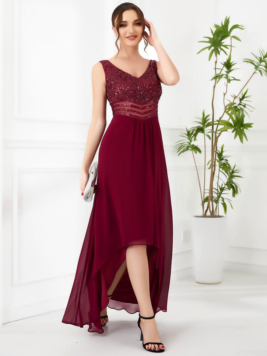 Sexy High-Low Maxi Chiffon Evening Dresses with Sequin #color_Burgundy