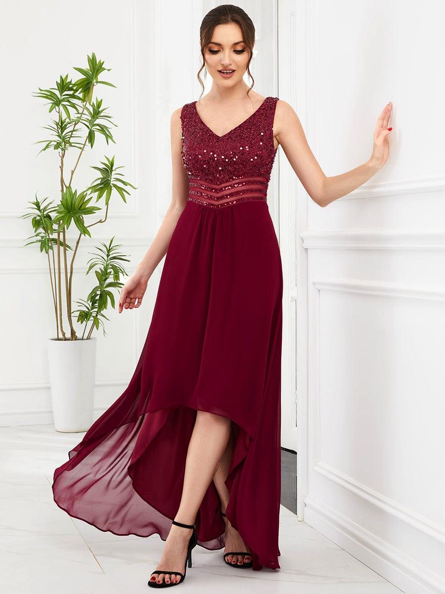 Sexy High-Low Maxi Chiffon Evening Dresses with Sequin #color_Burgundy