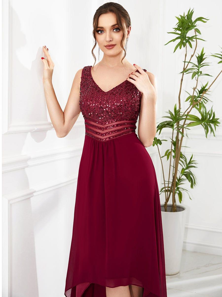 Sexy High-Low Maxi Chiffon Evening Dresses with Sequin #color_Burgundy