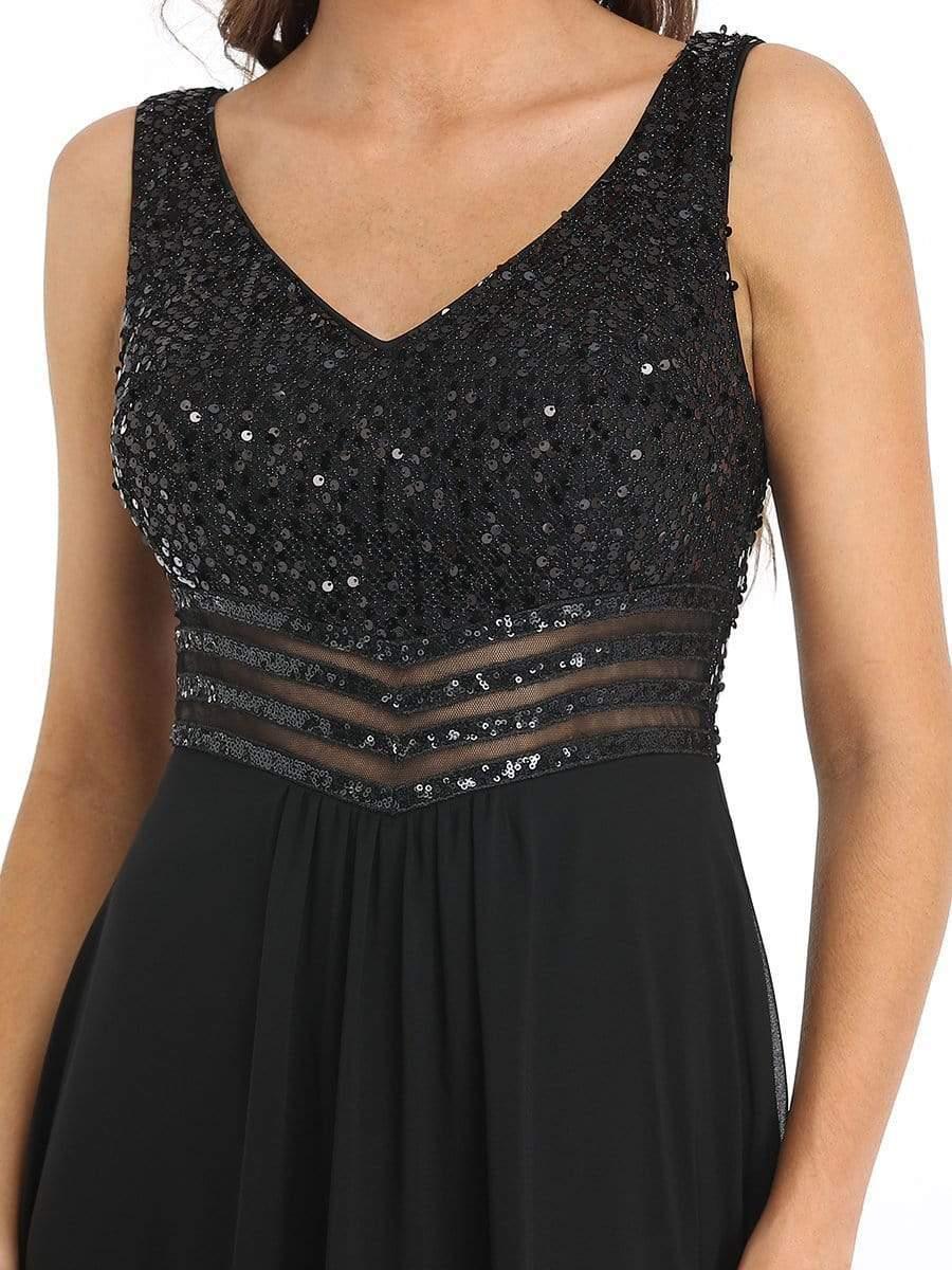 Sexy High-Low Maxi Chiffon Evening Dresses with Sequin #color_Black