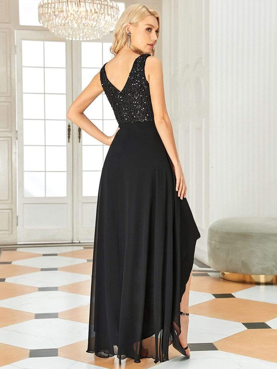 Sexy High-Low Maxi Chiffon Evening Dresses with Sequin #color_Black