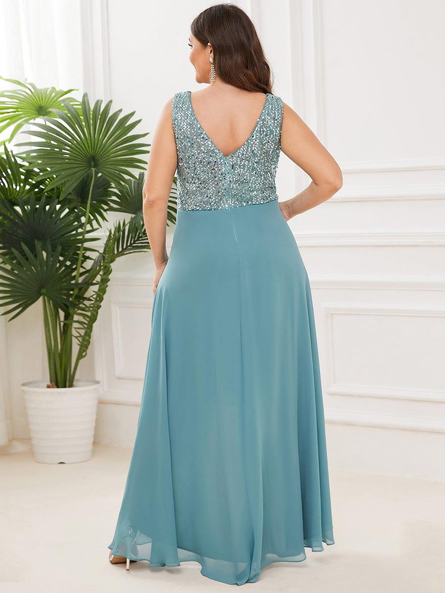 Elegant Paillette & Chiffon V-neck A-line Sleeveless Plus Size Evening Dresses #color_Light Teal