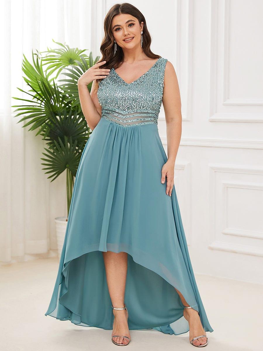 Sexy High-Low Maxi Chiffon Evening Dresses with Sequin #color_Light Teal