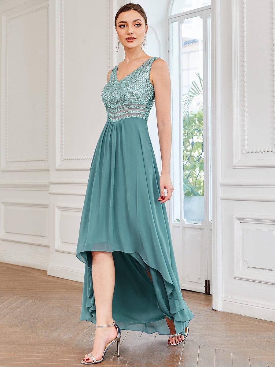 Sexy High-Low Maxi Chiffon Evening Dresses with Sequin #color_Light Teal
