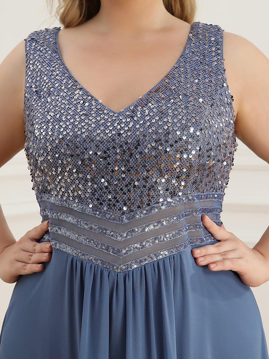 Elegant Paillette & Chiffon V-neck A-line Sleeveless Plus Size Evening Dresses #color_Dusty Blue