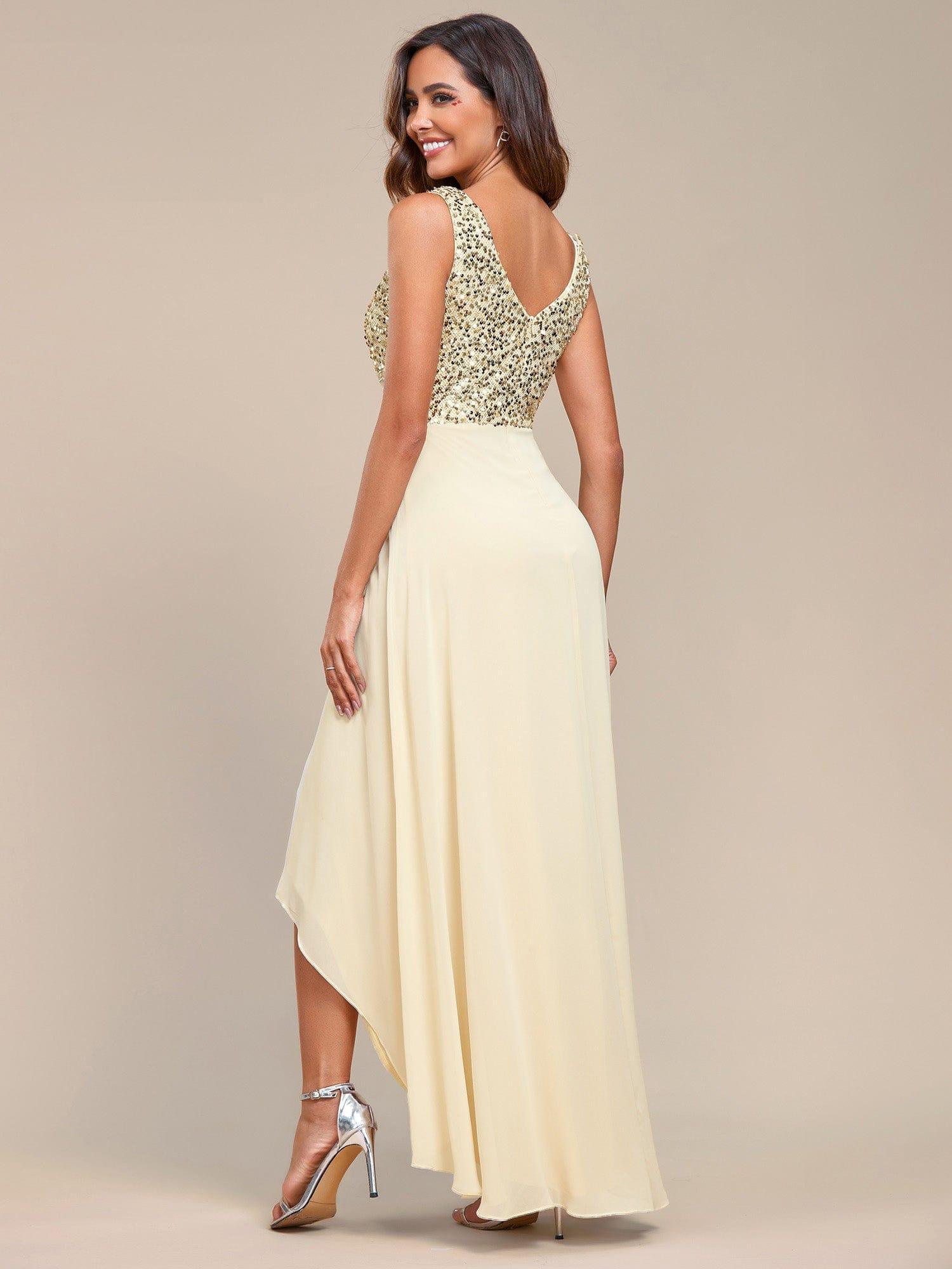 Sexy High-Low Maxi Chiffon Evening Dresses with Sequin #color_Gold