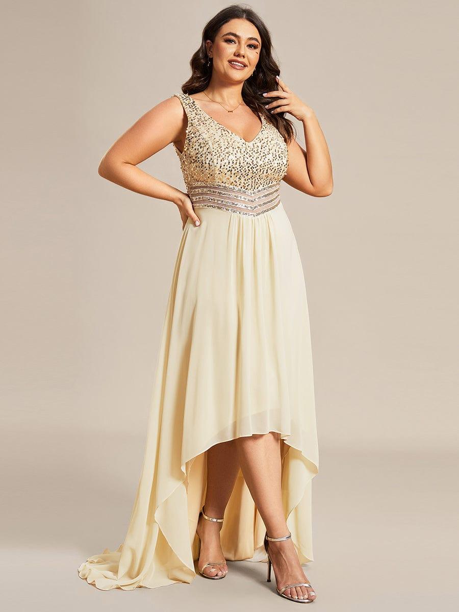 Sexy High-Low Maxi Chiffon Evening Dresses with Sequin #color_Gold