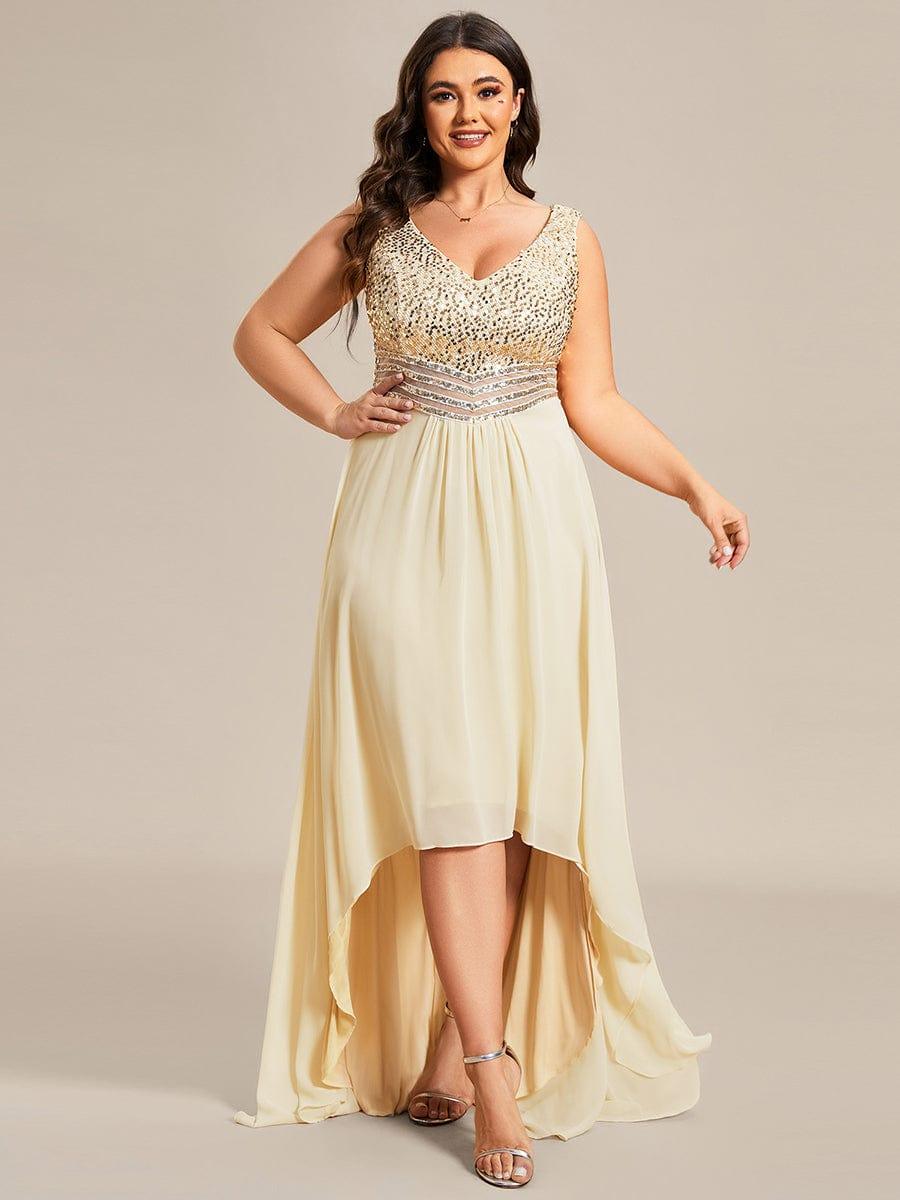 Elegant Paillette & Chiffon V-neck A-line Sleeveless Plus Size Evening Dresses #color_Gold