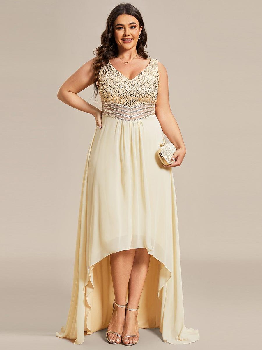 Sexy High-Low Maxi Chiffon Evening Dresses with Sequin #color_Gold