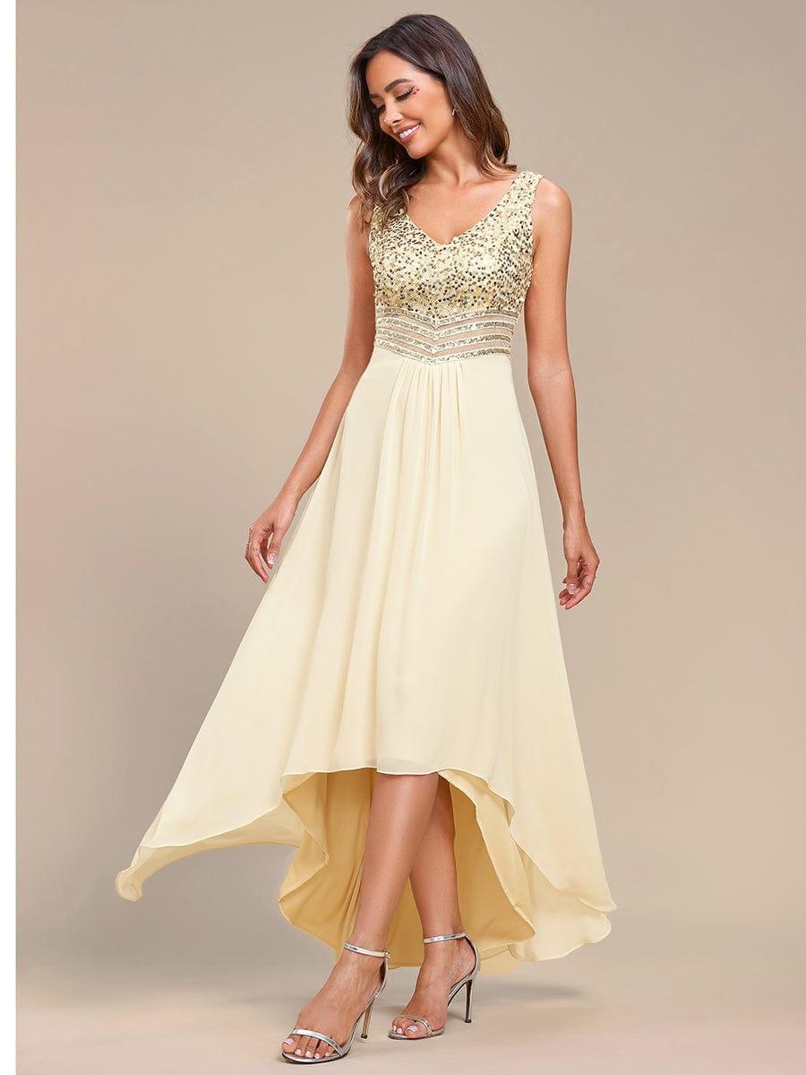 Sexy High-Low Maxi Chiffon Evening Dresses with Sequin #color_Gold