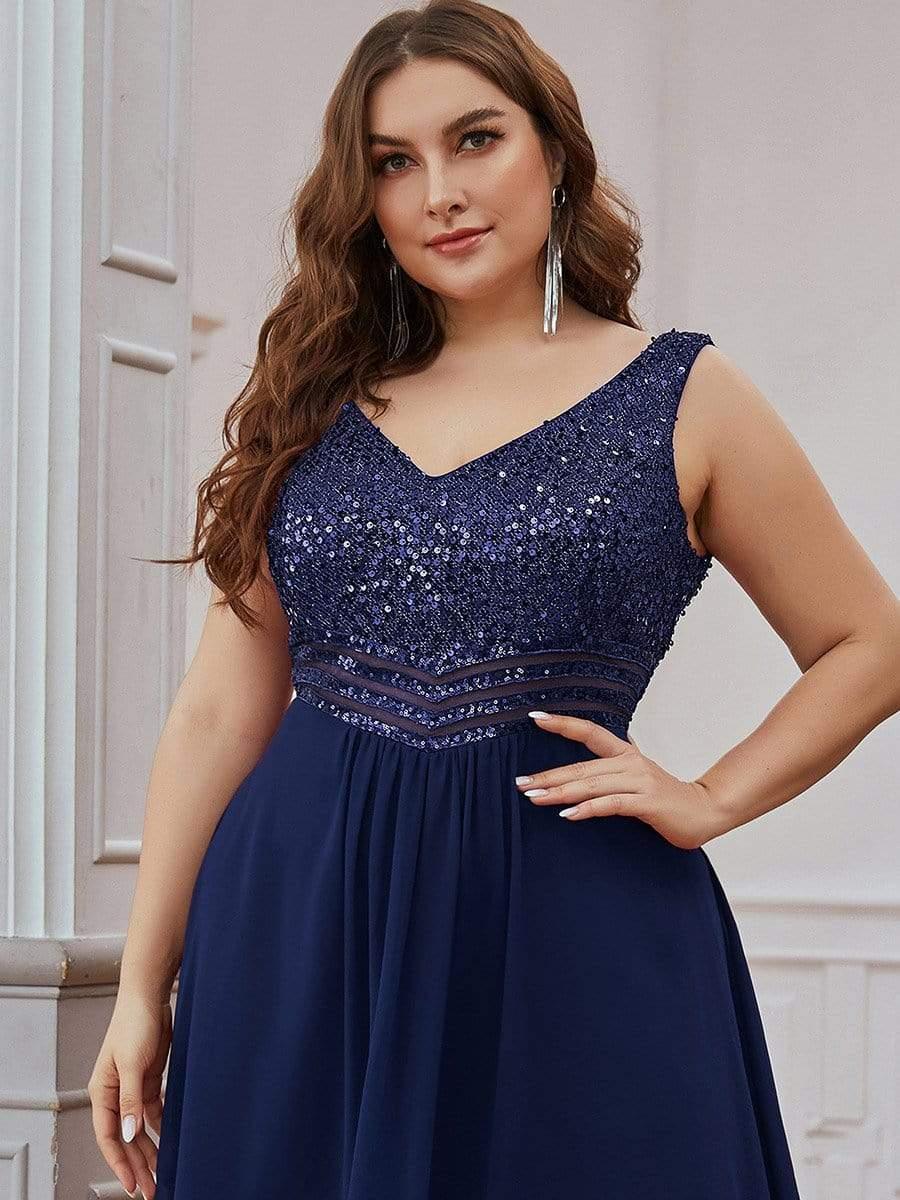Sexy High-Low Maxi Chiffon Evening Dresses with Sequin #color_Navy Blue