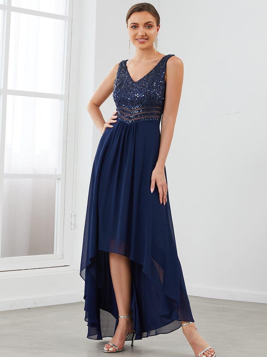 Sexy High-Low Maxi Chiffon Evening Dresses with Sequin #color_Navy Blue